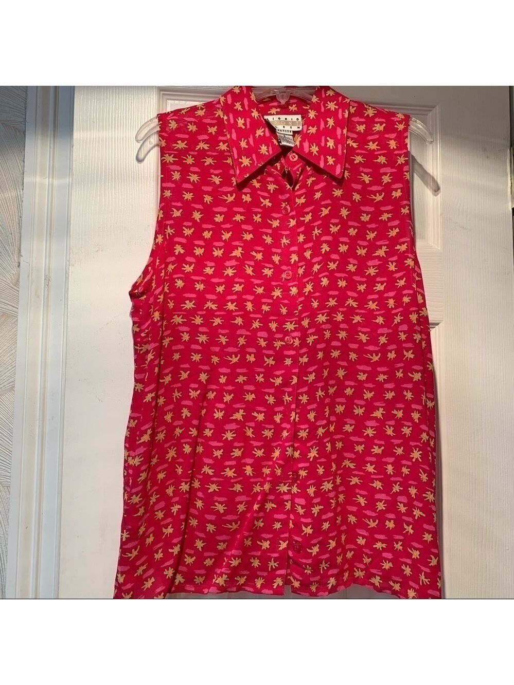 SIGRID OLSEN tropical fuchsia floral pink print summer sleeveless top blouse - Picture 5 of 7